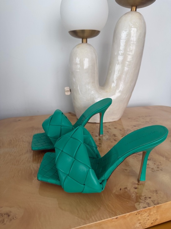 Bottega Veneta Shoes - Bottega Veneta Emerald Green Woven Stiletto Slide Heels